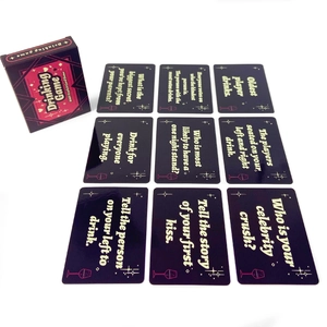 50-card drinking group game set in purple box with black cards and yellow text