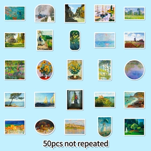 50 nicht wiederholende Impressionismus-Sticker mit Kunstmotiven von Monet und Van Gogh