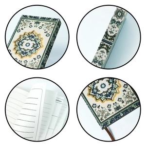 Close-up of vintage mandala floral cover and lined inner pages with brown bookmark silk