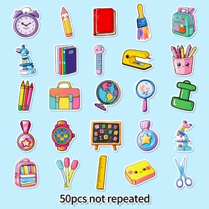 Detailed grid layout of 50 unique cartoon school stationery stickers for DIY decoration