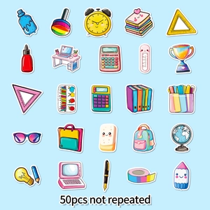 Detailed grid of 50 unique hand-drawn kawaii stationery stickers for DIY school supplies