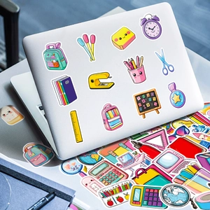 Pack of 50 cute cartoon school stationery stickers on a white laptop back cover