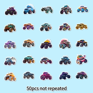 Set of 50 non-repeating monster truck stickers with vibrant beast-themed designs