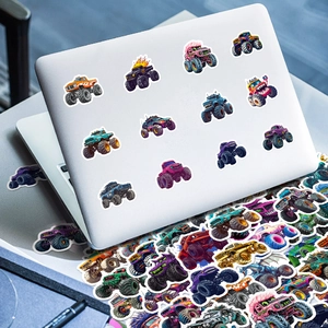 50pcs waterproof monster truck stickers set on a silver laptop for creative decoration