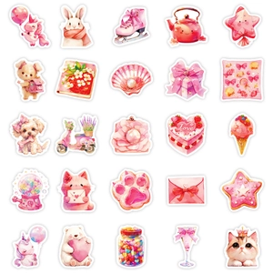 Set mit 25 rosa wasserfesten Aufklebern mit süßen Einhorn-, Hasen- und Erdbeerkuchenmotiven