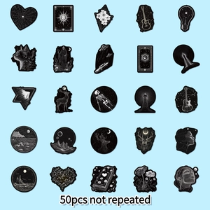 50pcs non-repeating black gothic stickers with white line art cat and skull designs