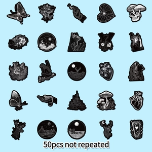 50pcs non-repeating black gothic graffiti stickers featuring skull, mushroom and heart