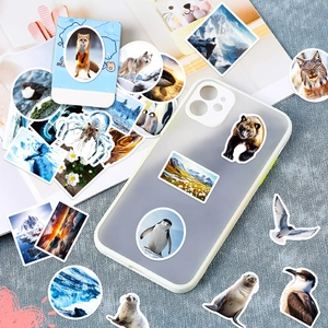 Gros plan d'autocollants d'animaux polaires imperméables sur une coque de téléphone portable