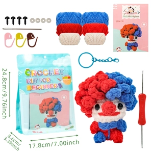 DIY crochet kit for beginners featuring a cute joker plush doll and full tool set