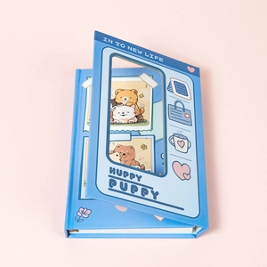 Cute blue cartoon puppy notebook with hollow window design and creative illustration