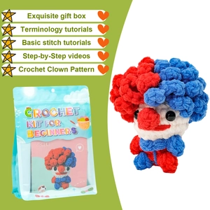 DIY crochet kit for beginners featuring a cute red and blue handmade joker doll