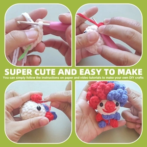 Step-by-step DIY crochet kit process for creating a cute red and blue clown doll craft