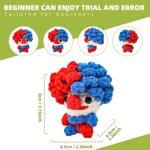 Handmade crochet clown doll with vibrant red and blue yarn, creative DIY gift craft kit