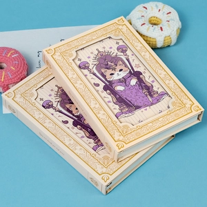 Vintage cat king illustration notebook set with gold floral borders on blue background