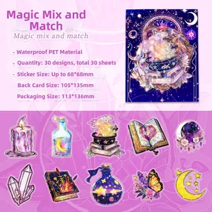 Detail of magic themed waterproof PET stickers featuring potion bottles and crystal balls