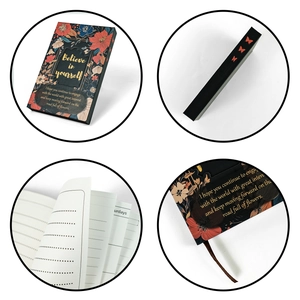 Detailed views of floral notebook with magnetic buckle, weekly plan pages and ribbon bookmark