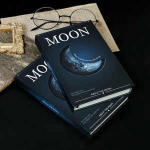 Detail of starry moon theme notebook featuring hollow magnetic buckle and artistic gold quotes