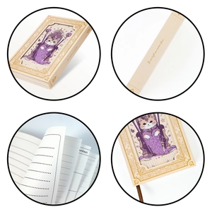 Detail view of retro cat queen notebook with gold embossed edges and lined inner pages
