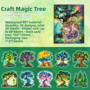 Detail of 30pcs waterproof PET fairy tale stickers with holographic laser gold stamping