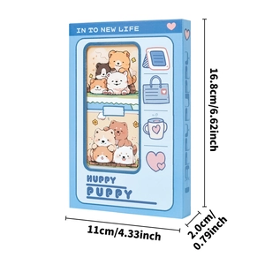 Blue cartoon puppy notebook with hollow cover design and dimensions shown in 45-degree angle