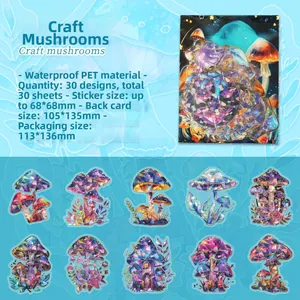 Detail view of 30pcs waterproof PET fairy tale mushroom stickers with laser foil texture