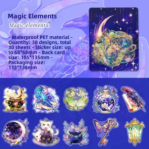Detail view of magic themed waterproof PET stickers with owl and moon motifs