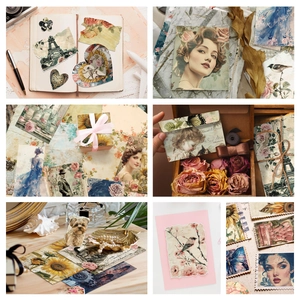 Detail of vintage-style scrapbooking paper with retro portraits and floral patterns