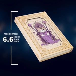 Detail view of vintage cat king notebook showing its 6.6-inch height and hollow trifold cover
