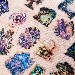 Close-up of fantasy PET stickers with laser holographic finish on vintage paper