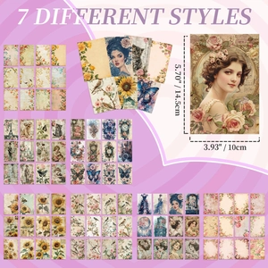 Detail view of 7 vintage style decorative scrapbooking papers with floral and retro patterns