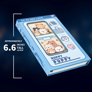 Detail view of a blue cartoon puppy notebook showing its 16.8 cm height dimensions