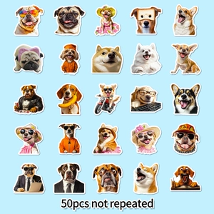 Macro view of 50 non-repeated waterproof puppy stickers with cute cartoon dog expressions