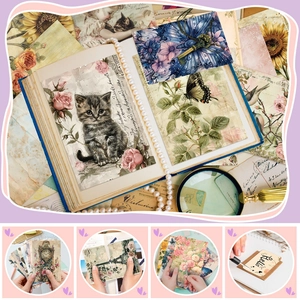 Vintage scrapbooking paper with cat, rose, and Eiffel Tower motifs for DIY art journaling