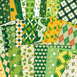 Detail showing 12 different St. Patrick's Day themed patterns with shamrocks and rainbows