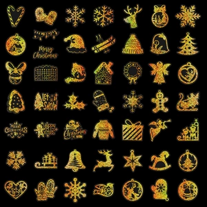 Set of 100 golden laser Christmas PET stickers with snowflakes and reindeer designs