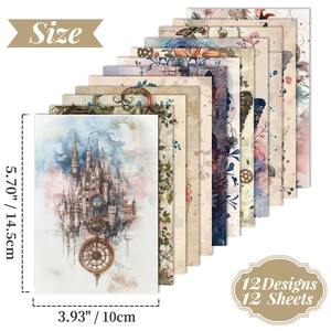 Detailed dimensions of retro watercolor scrapbooking paper with 12 unique artistic designs
