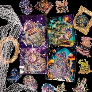 Fairy tale holographic laser PET stickers with magic forest and mushroom designs