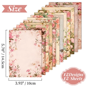 Set of 12 vintage floral scrapbooking paper sheets for DIY crafts, size 14.5x10cm