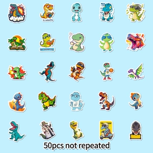 Detailed grid of 50 unique colorful cartoon dinosaur stickers for kids DIY and journals
