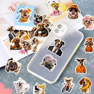 Creative dog stickers applied on a transparent phone case and a magazine page surface