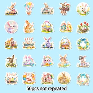 Detailed grid view of 50 unique pastel Easter bunny and egg decorative stickers