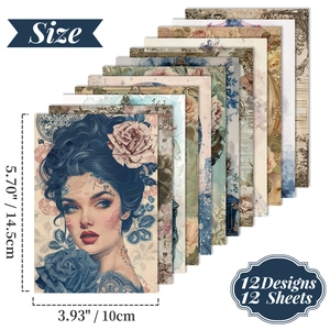 Vintage floral scrapbooking paper set with female illustrations, 12 sheets 10x14.5cm pack