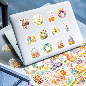 Waterproof Easter bunny stickers applied to a laptop lid for creative DIY decoration