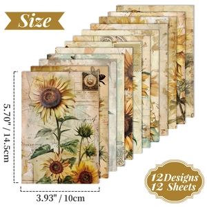 Detail view of 12 vintage sunflower scrapbooking papers with dimensions 14.5x10cm