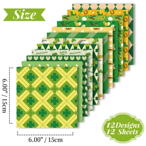 Macro display of 12 unique St. Patrick's Day themed patterns on square decorative papers