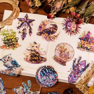 Fairy tale holographic laser PET stickers with mystical cat and owl designs for scrapbooking
