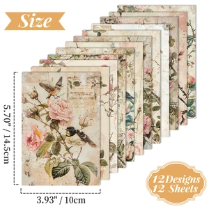 Detailed size chart showing 14.5cm vintage decorative paper with floral and bird designs