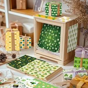 Close-up of St. Patrick's Day shamrock and rainbow patterned decorative DIY paper