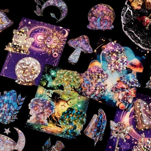 Holographic fantasy fairy tale PET stickers featuring mushrooms and crystal balls on black background