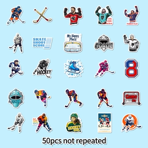 Detailed grid view of 50 unique waterproof cartoon ice hockey stickers with vibrant colors
